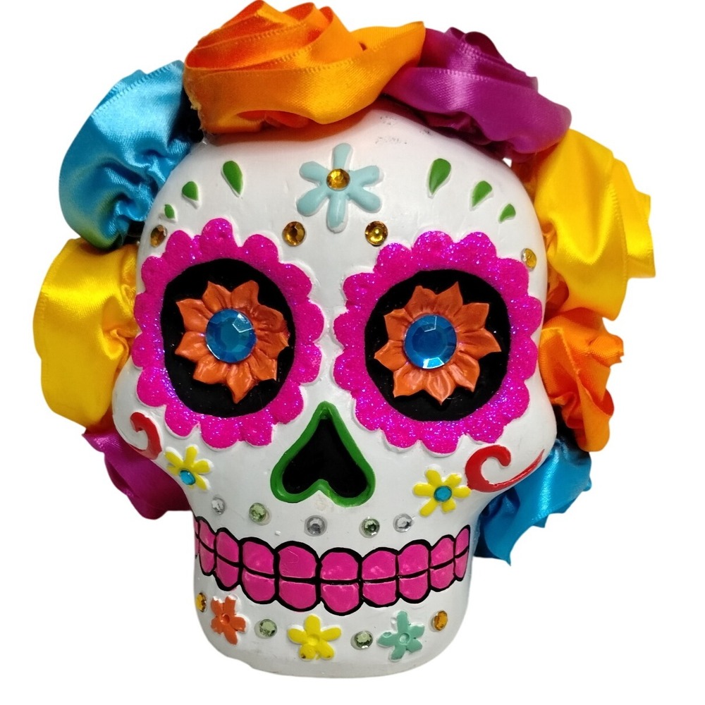 Día de los Muertos Sugar Skull Figurine w/ Satin Flowers & Rhinestones‎ Decor